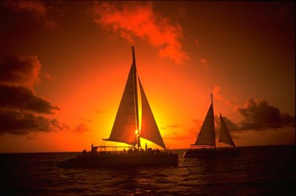 Catamaranes navegando al atardecer en el Caribe, una experiencia asociada a excursiones y paseos en barco en Aruba.