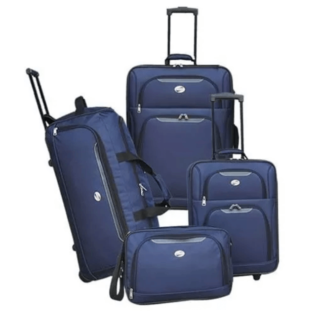 Equipaje de viaje: cómo organizar valijas en 2026 Set de equipaje azul con valijas y bolso de mano para viaje