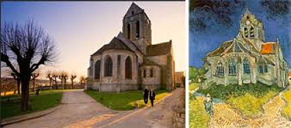 Iglesia de Auvers-sur-Oise y su versión pintada por Vincent van Gogh en 1890.
