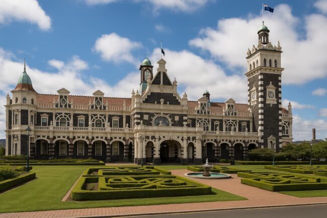 Fachada neorenacentista de la estación de Dunedin, Nueva Zelanda, con piedra blanca y negra.