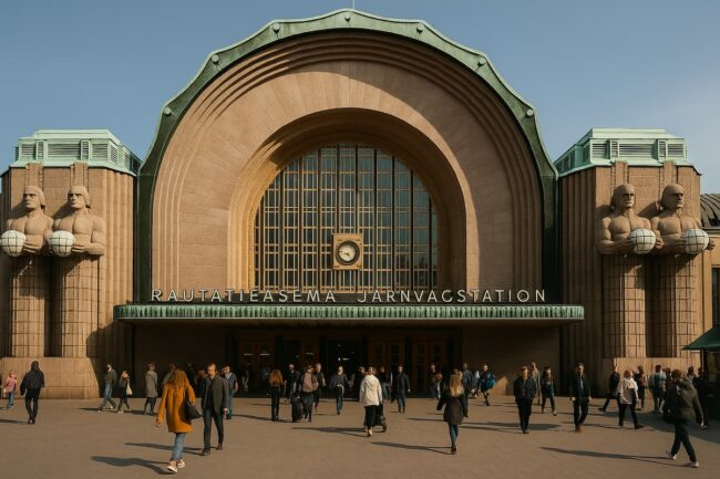 Exterior de la estación central de Helsinki con fachada de granito y esculturas sosteniendo lámparas.