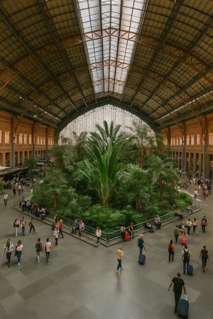 Interior de la estación de tren de Atocha en Madrid con su jardín tropical, luz natural y viajeros caminando.