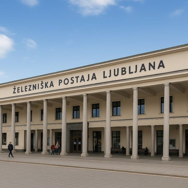 Estación de tren de Liubliana con diseño moderno y sostenible, techos solares y viajeros.