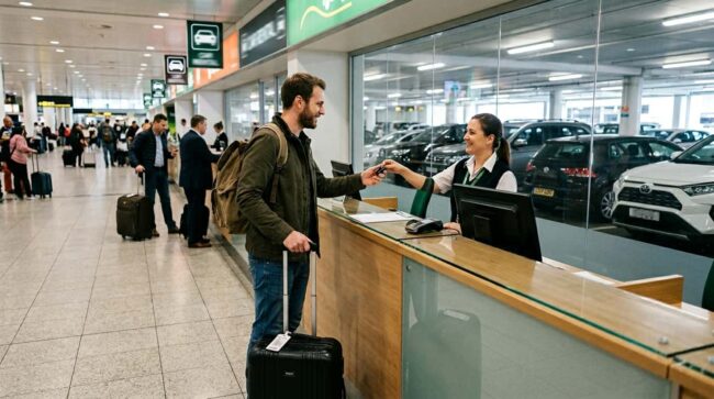 Retiro de auto alquilado en el aeropuerto durante un viaje internacional Viajero retirando las llaves de un auto alquilado en el mostrador de una empresa de alquiler de autos en el aeropuerto