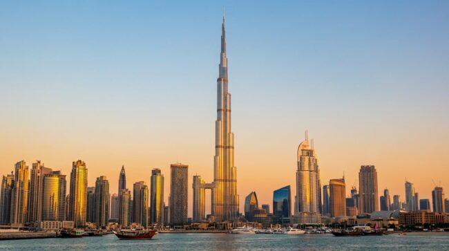 Vista del Burj Khalifa y el skyline de Dubái al atardecer, en Emiratos Árabes Unidos