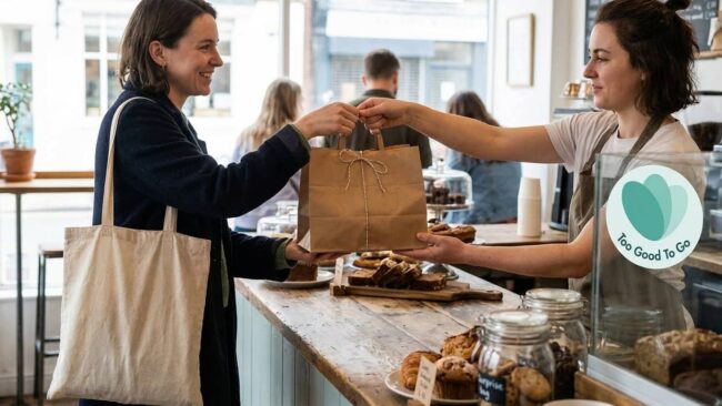 Cheaf App en comercios locales (retiro de alimentos con descuento) Cliente retirando una bolsa de alimentos con descuento en un comercio adherido a Cheaf App.