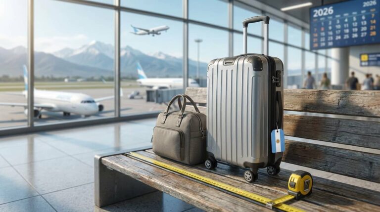 Valija de cabina con cinta m&eacute;trica mostrando medidas de equipaje de mano en aeropuerto