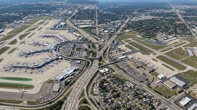 Vista aérea de un aeropuerto con pistas y terminales, factor que influye en el precio del ticket aéreo