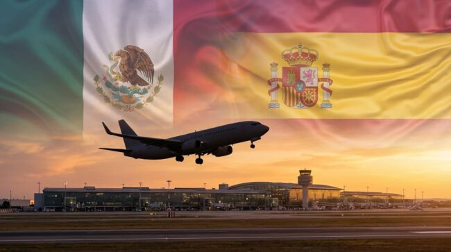 Avión despegando con banderas de México y España, imagen sobre requisitos para viajar a España desde México en 2026