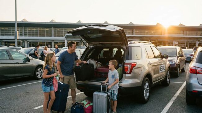 Familia recogiendo auto rentado en el aeropuerto y cargando equipaje