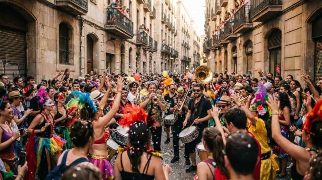 Carnaval en ciudades de Europa celebración de Carnaval en una calle de Europa con música, disfraces y personas bailando