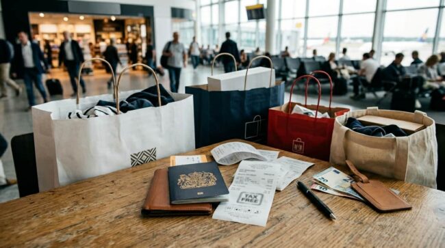 Documentos para pedir tax free en España Tickets de compra, pasaporte, dinero y bolsas en un aeropuerto para realizar el trámite de tax free en España.