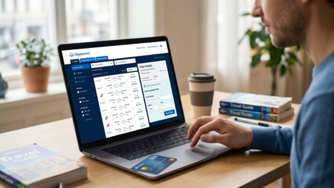 Persona comparando vuelos en Skyscanner desde una computadora portátil, una imagen que representa el proceso de revisar precios, condiciones y datos de pago antes de comprar un pasaje online.
