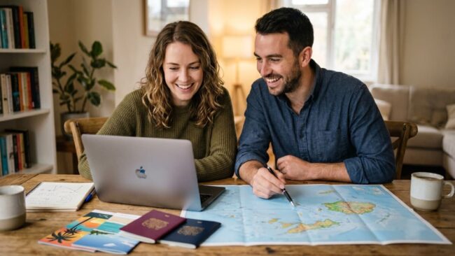 Pareja planificando un viaje con una computadora, pasaportes y mapa sobre la mesa, una imagen que representa la búsqueda de vuelos online y las dudas antes de comprar por Skyscanner.