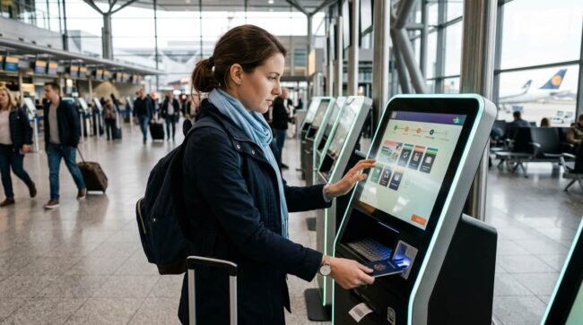 Validar tax free con DIVA en el aeropuerto Viajera validando el tax free en una máquina del aeropuerto para pedir la devolución del IVA en España con DIVA.