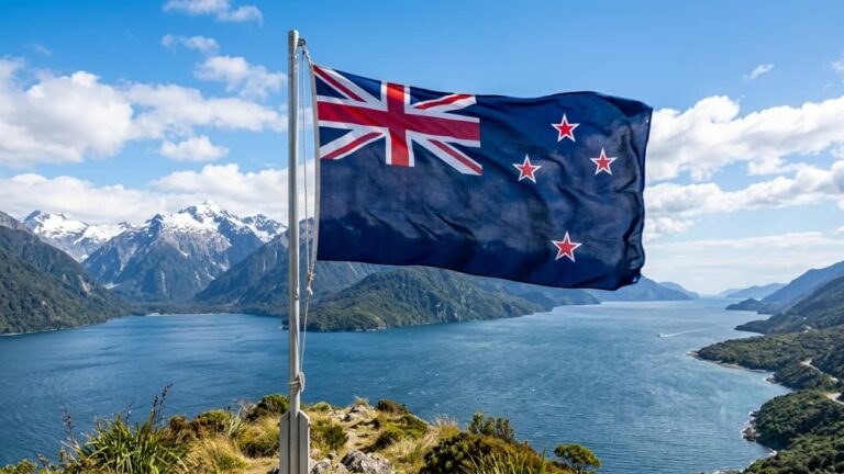 Bandera de Nueva Zelanda frente a un paisaje de fiordos, monta&ntilde;as nevadas y lagos en la Isla Sur.