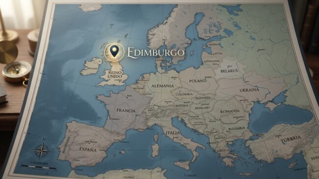 Mapa de Europa con la ubicación de Edimburgo señalada en Escocia, dentro del Reino Unido.