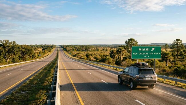 Carro viajando por una autopista hacia Miami, imagen relacionada con la ruta, distancia y paradas desde Houston a Miami.