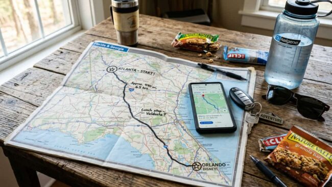 Cómo planificar el viaje de Atlanta a Orlando en carro Mapa y teléfono con la ruta en carro de Atlanta a Orlando, junto a llaves, agua y alimentos para el viaje.
