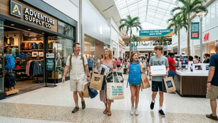 Familia comprando ropa, mochilas y tecnolog&iacute;a en un centro comercial de Florida durante el Tax Free Weekend 2026.