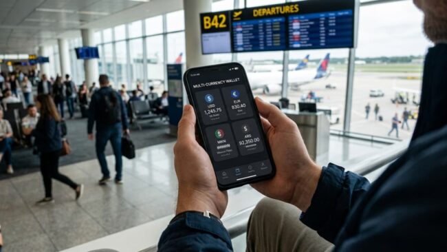 AstroPay y las cuentas multimoneda para usar durante un viaje Viajero consultando una billetera multimoneda en el celular antes de un vuelo