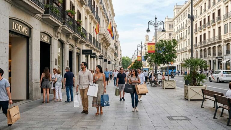 Turistas con bolsas de compras recorren una avenida comercial de Espa&ntilde;a con tiendas de moda y marcas internacionales.