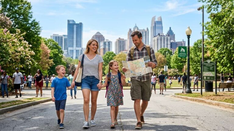 Familia con ni&ntilde;os recorre Piedmont Park con el centro de Atlanta al fondo durante unas vacaciones en Estados Unidos.