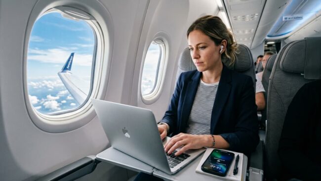 Pasajera usando una laptop durante un vuelo con servicio de WiFi disponible a bordo