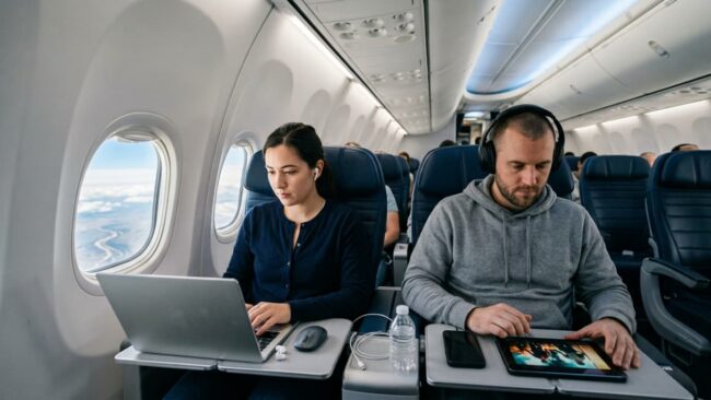 Pasajeros usando una laptop y una tablet durante un vuelo comercial