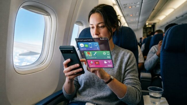 Pasajera usando el celular durante un vuelo con opciones de WiFi e Internet a bordo