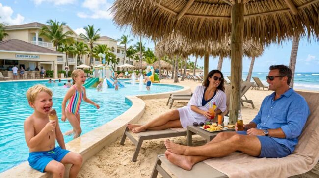Familia disfruta piscina, bebidas, snacks y helados en un resort all inclusive frente al mar