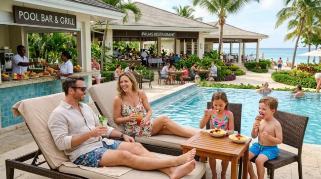 Familia disfruta bebidas, snacks y helados junto a la piscina de un hotel all inclusive