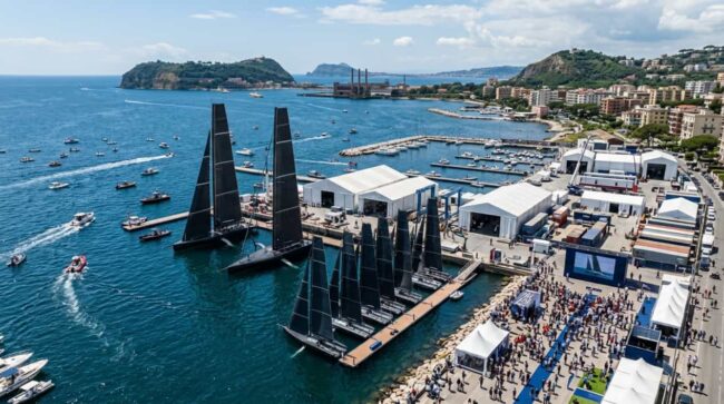 Zona portuaria y ambiente de la America’s Cup 2027 en Nápoles Veleros de competición amarrados junto a instalaciones portuarias y público en la costa de Nápoles