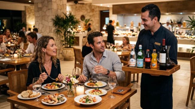 Pareja cena en un hotel mientras un camarero ofrece agua, refrescos y vino