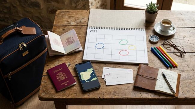Calendario de 2027 junto a pasaporte, maleta y mapa de España para planificar puentes y festivos