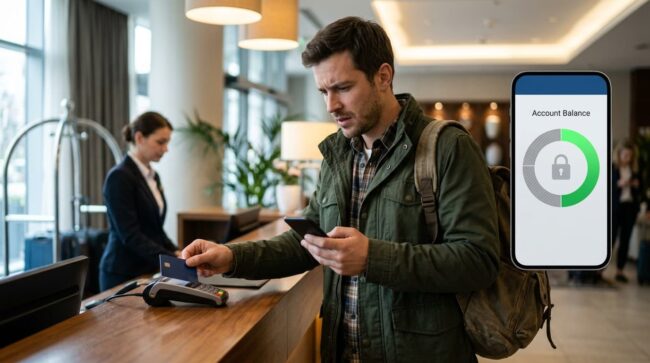 Huésped revisa en su teléfono un importe bloqueado en la tarjeta después de dejar el depósito de garantía del hotel