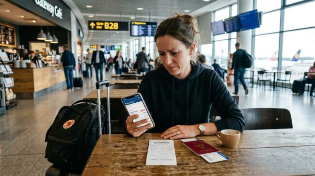 Viajera revisa en su teléfono una retención de dinero mientras espera su vuelo en el aeropuerto