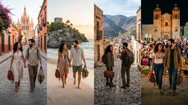 Pareja visita ciudades coloniales, playas y destinos culturales de México durante distintas escapadas