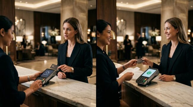 Huésped entrega su tarjeta en la recepción de un hotel y luego la recibe tras completar el proceso de pago