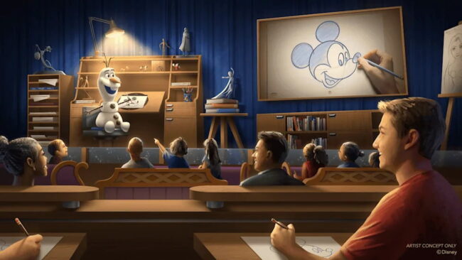 Nueva experiencia de Disney Animation en Hollywood Studios Experiencia de Disney Animation en Hollywood Studios con Mickey Mouse y Olaf en una sala de dibujo