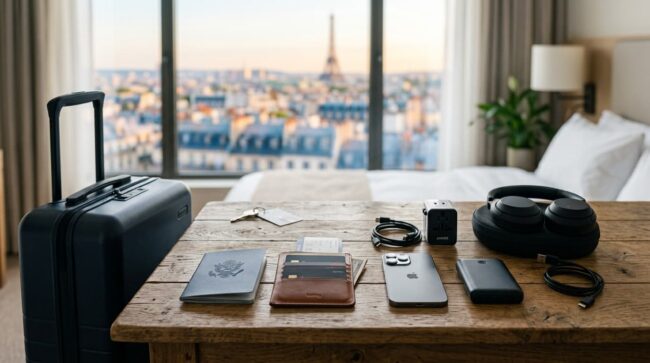 Documentos y tecnología que no deben faltar en un viaje de 7 días Pasaporte, tarjetas, teléfono, batería externa, adaptador y auriculares junto a una maleta para un viaje de 7 días