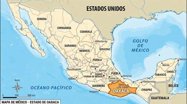 Dónde queda Oaxaca en el mapa de México Mapa de México con el estado de Oaxaca resaltado en el sur del país y Oaxaca de Juárez señalada
