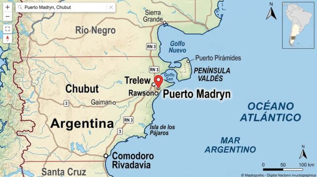 Dónde queda Puerto Madryn: ubicación en el mapa de Argentina Mapa de Chubut que muestra la ubicación de Puerto Madryn, Península Valdés, Trelew y Rawson en la Patagonia argentina