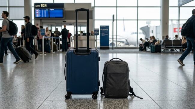 Maleta de cabina y mochila en un aeropuerto para comparar equipaje de mano y artículo personal