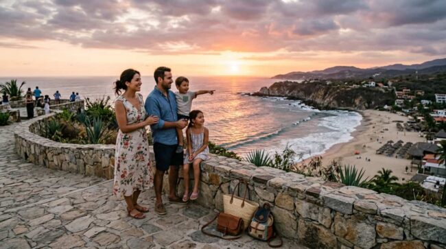 Familia contempla una playa de México al atardecer durante una escapada de fin de semana largo