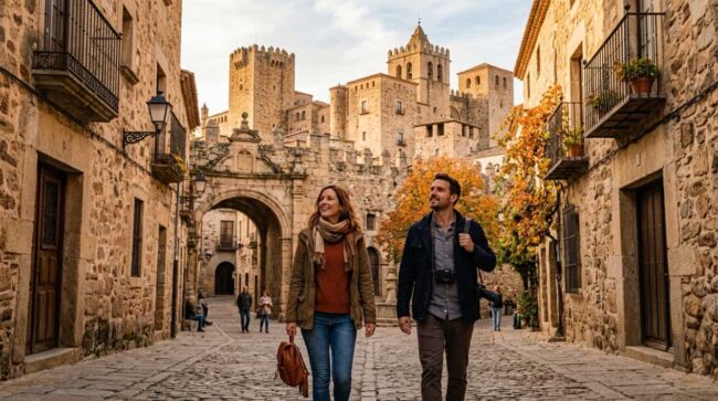Pareja recorre un casco histórico de España durante una escapada de otoño