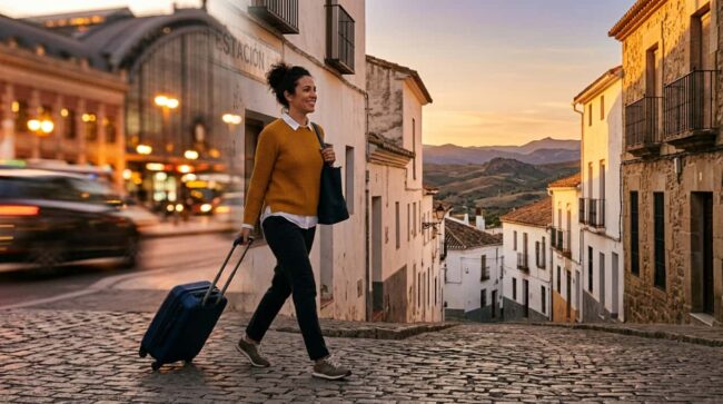 Viajera con maleta recorre un pueblo español durante una escapada de fin de semana