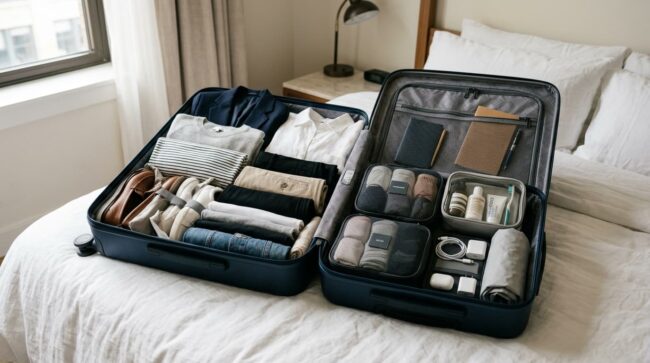 Cómo organizar una maleta para un viaje de 7 días Maleta abierta y organizada con ropa, accesorios, artículos de higiene y tecnología para un viaje de 7 días