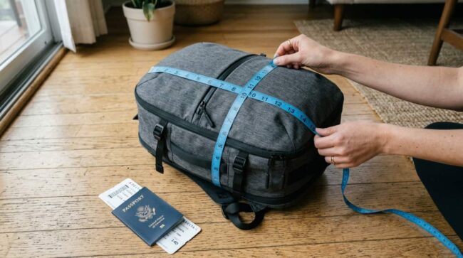 Persona mide una mochila con cinta métrica para comprobar las medidas del artículo personal antes de volar