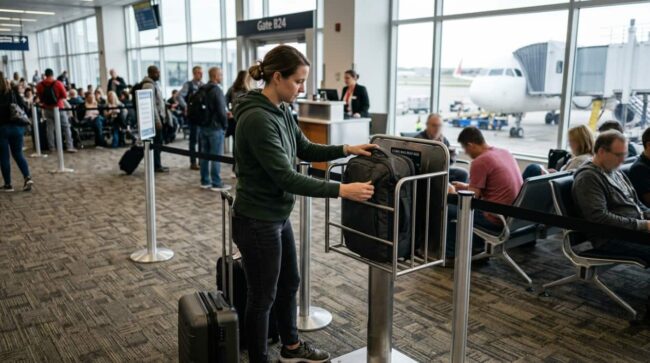Viajera comprueba si su mochila cabe en el medidor de equipaje antes de embarcar en un avión